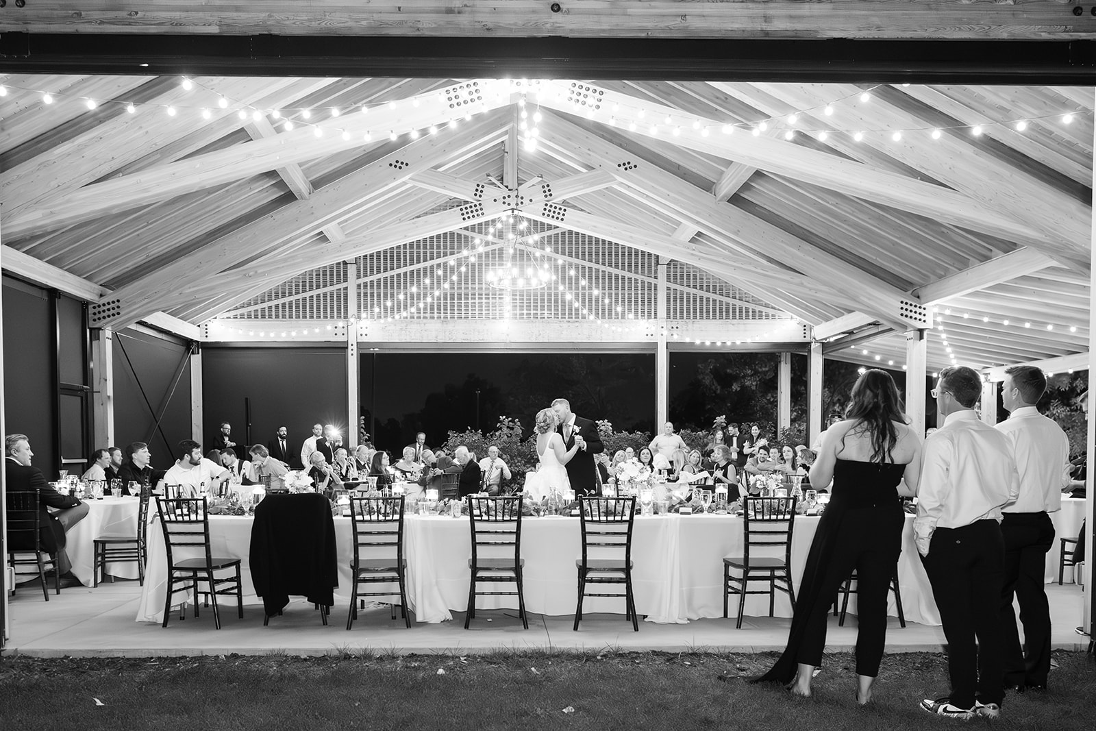 night time reception at the barn at raccoon creek wedding venue