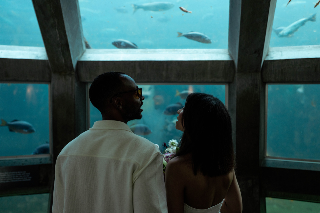 Man and woman looking at each other in the aquarium